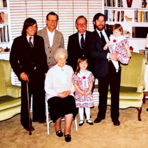 Date: Easter, 1993 or 1994 Back Row: Paul MacAlister Mahan 1960, Harry James Mahan 1934, Donald Harvey Mahan 1928, Donald Harvey Mahan 1958, Camille Lamar Mahan 1989, Front Row: Gladys Lenore Harvey 1904, Madeleine Verner Mahan 1986