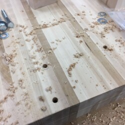 Four vise mounting holes bored for four inch lag screws