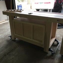 Decorative face frame on the back of the workbench cabinet