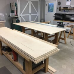 Each sheet slides onto saw horses to be broken down in the long direction with my track saw