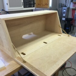 Drop front supports and sewing machine hinges, all from Rockler, installed, will be removed prior to finishing