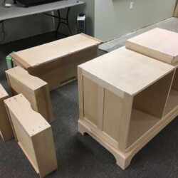 Desk components ready for finishing with spar urethane and bright white urethane trim paint