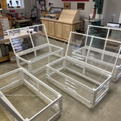 Completed cold frames with polycarbonate panels attached