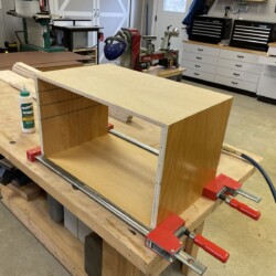 Cabinet carcass from finished oak plywood salvaged from disassembled office cabinetry