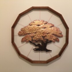 Completed frame hung behind the Live Oak sculpture