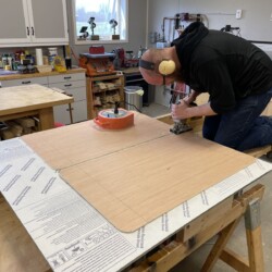 Rough cutting with custom plywood templates attached